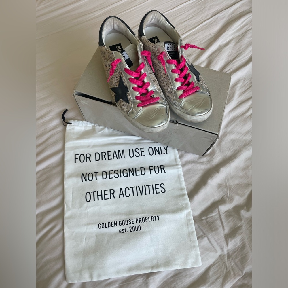 Golden Goose Silver Leather Sneakers with Black Star and Pink Laces